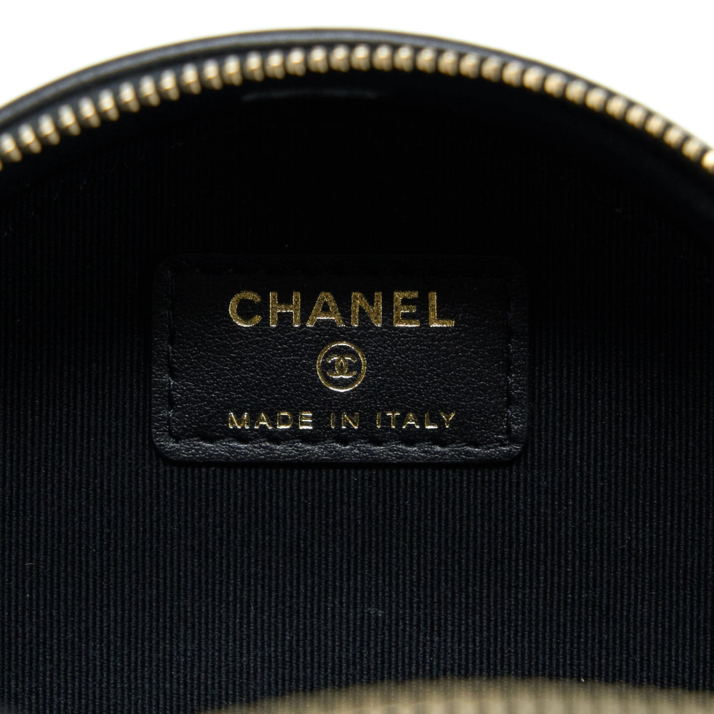 CHANEL 22K GOLD PILLAR ROUND CLUTCH WITH CHAIN LAMBSKIN BLACK BRUSHED GHW