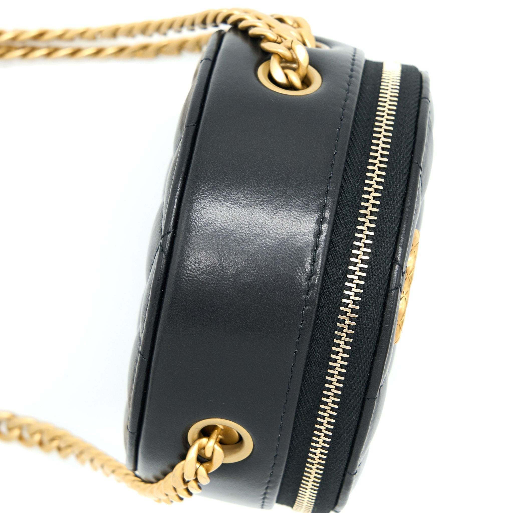 CHANEL 22K GOLD PILLAR ROUND CLUTCH WITH CHAIN LAMBSKIN BLACK BRUSHED GHW