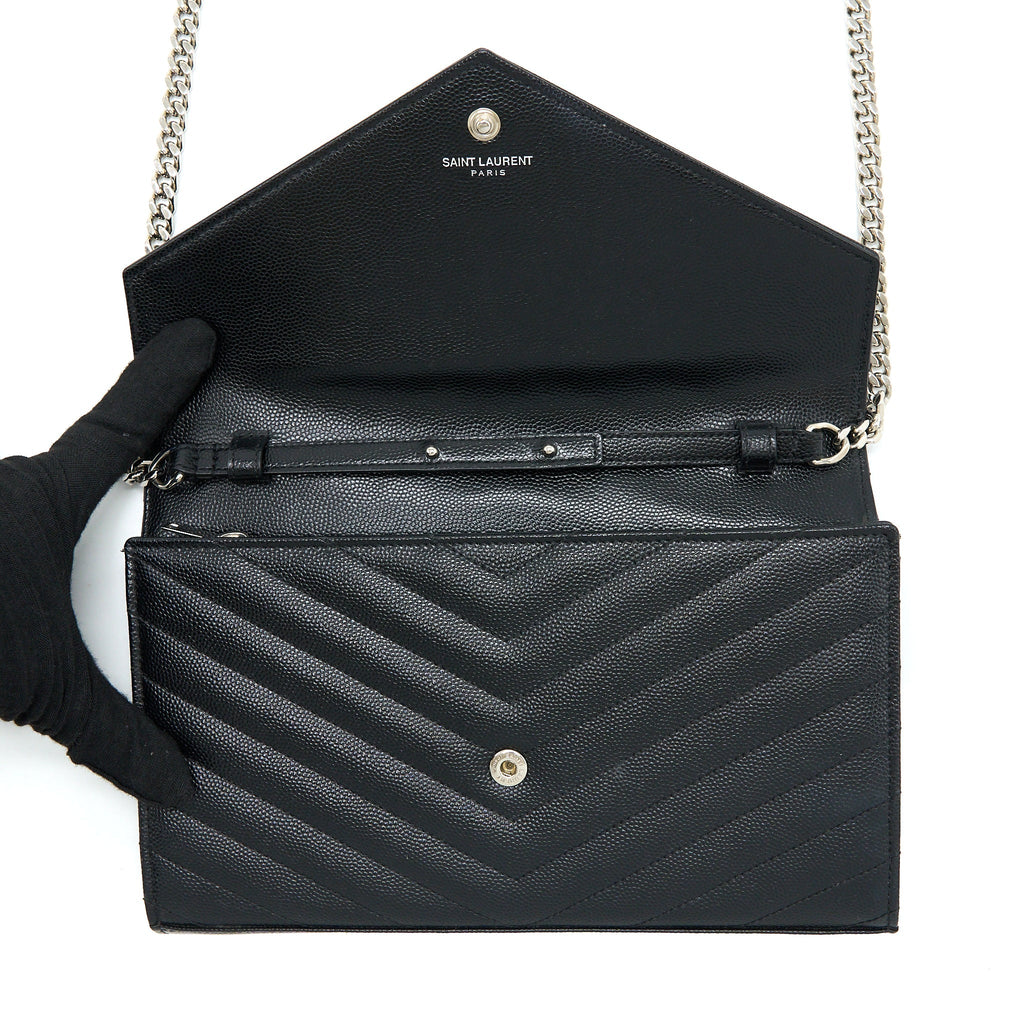 SAINT LAURENT ENVELOP CHAIN WALLET GRAINED CALFSKIN BLACK SHW