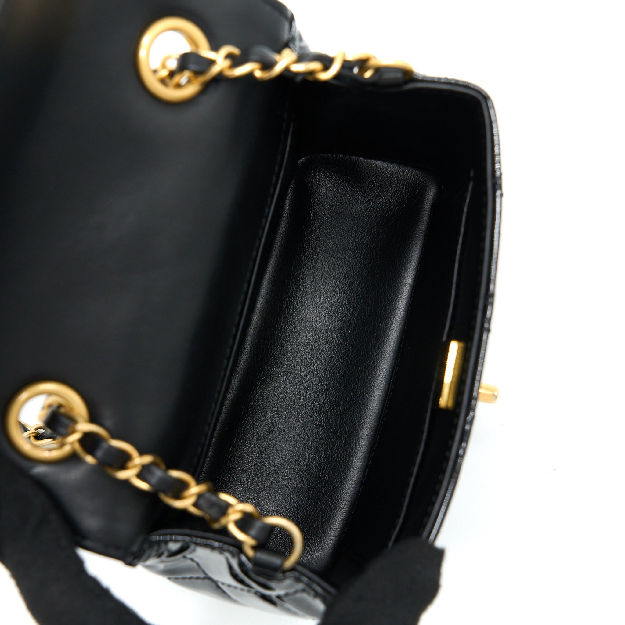 CHANEL 22K RETRO CLASSIC NEW SQUARE MINI FLAP BAG PATENT BLACK BRUSHED GHW (MICROCHIP)