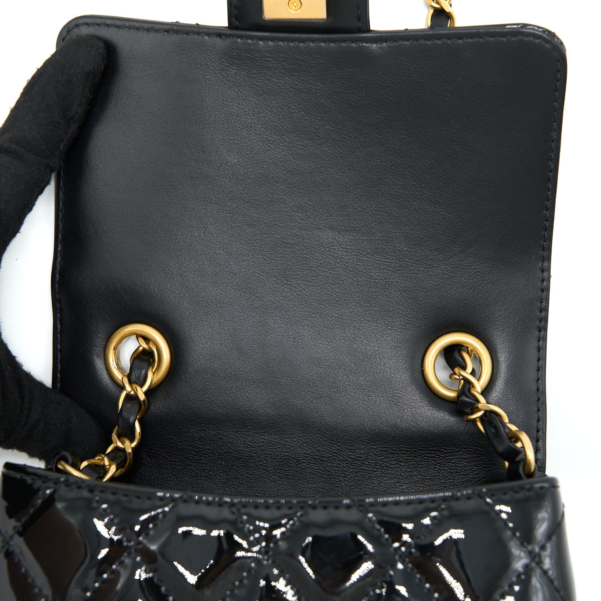 CHANEL 22K RETRO CLASSIC NEW SQUARE MINI FLAP BAG PATENT BLACK BRUSHED GHW (MICROCHIP)