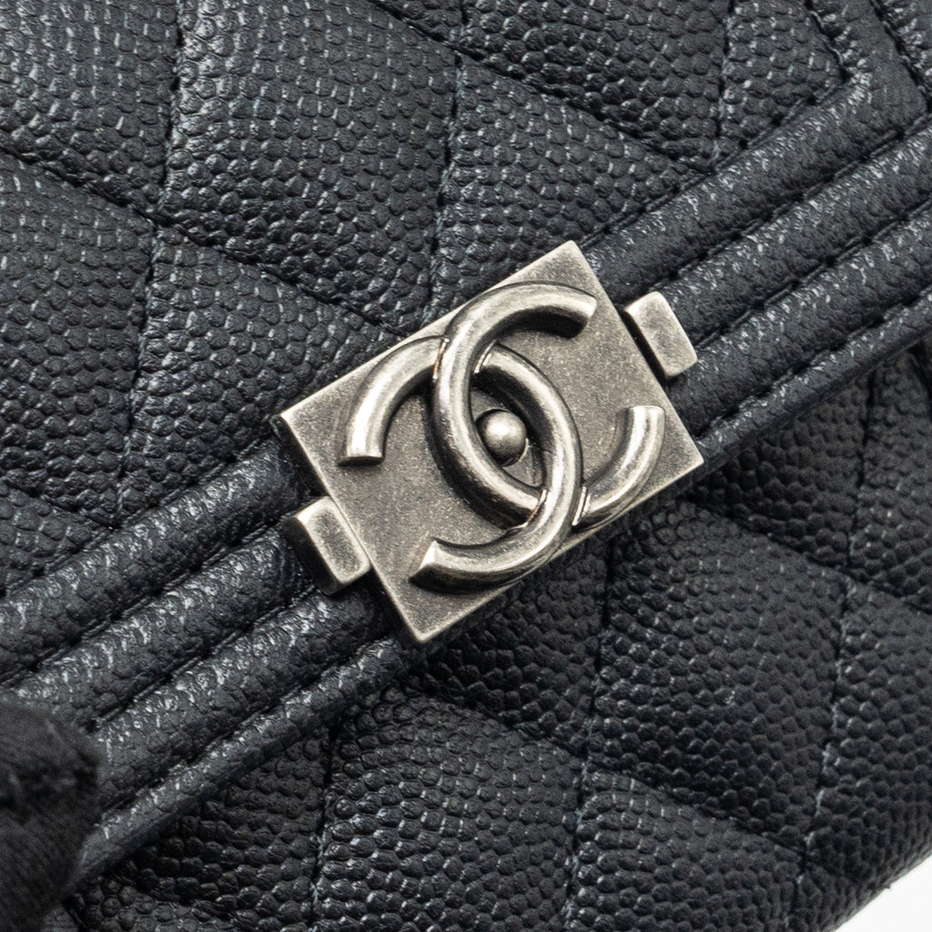 CHANEL BOY FLAP COMPACT WALLET CAVIAR BLACK RUTHENIUM HARDWARE