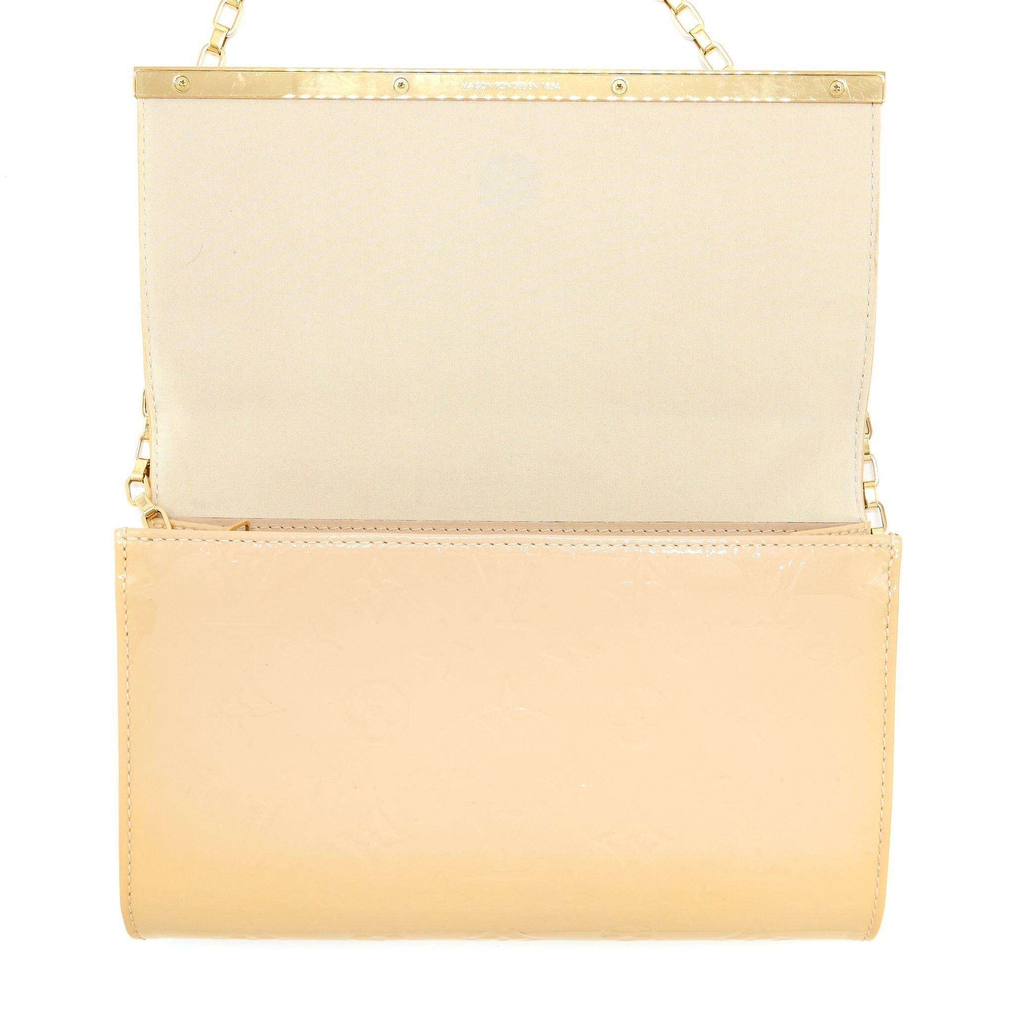 LOUIS VUITTON ANA VERNIS CLUTCH WITH CHAIN PATENT BEIGE GHW
