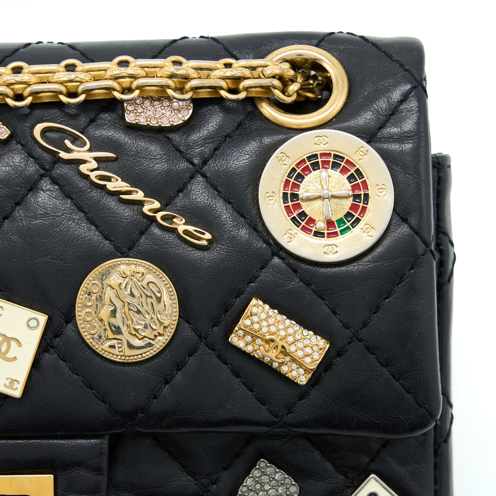 CHANEL MINI 2.55 REISSUE FLAP BAG LUCKY CHARMS CASINO LIMITED AGED CALFSKIN BRUSHED GHW