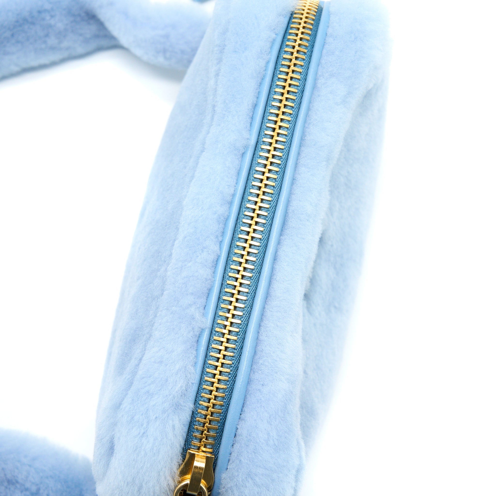 MIU MIU TOP HANDLE CROSSBODY CAMERA BAG SHEARLING LIGHT BLUE GHW