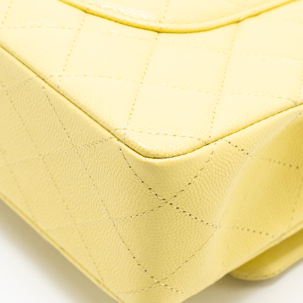 CHANEL MEDIUM CLASSIC DOUBLE FLAP BAG CAVIAR LIGHT YELLOW LGHW