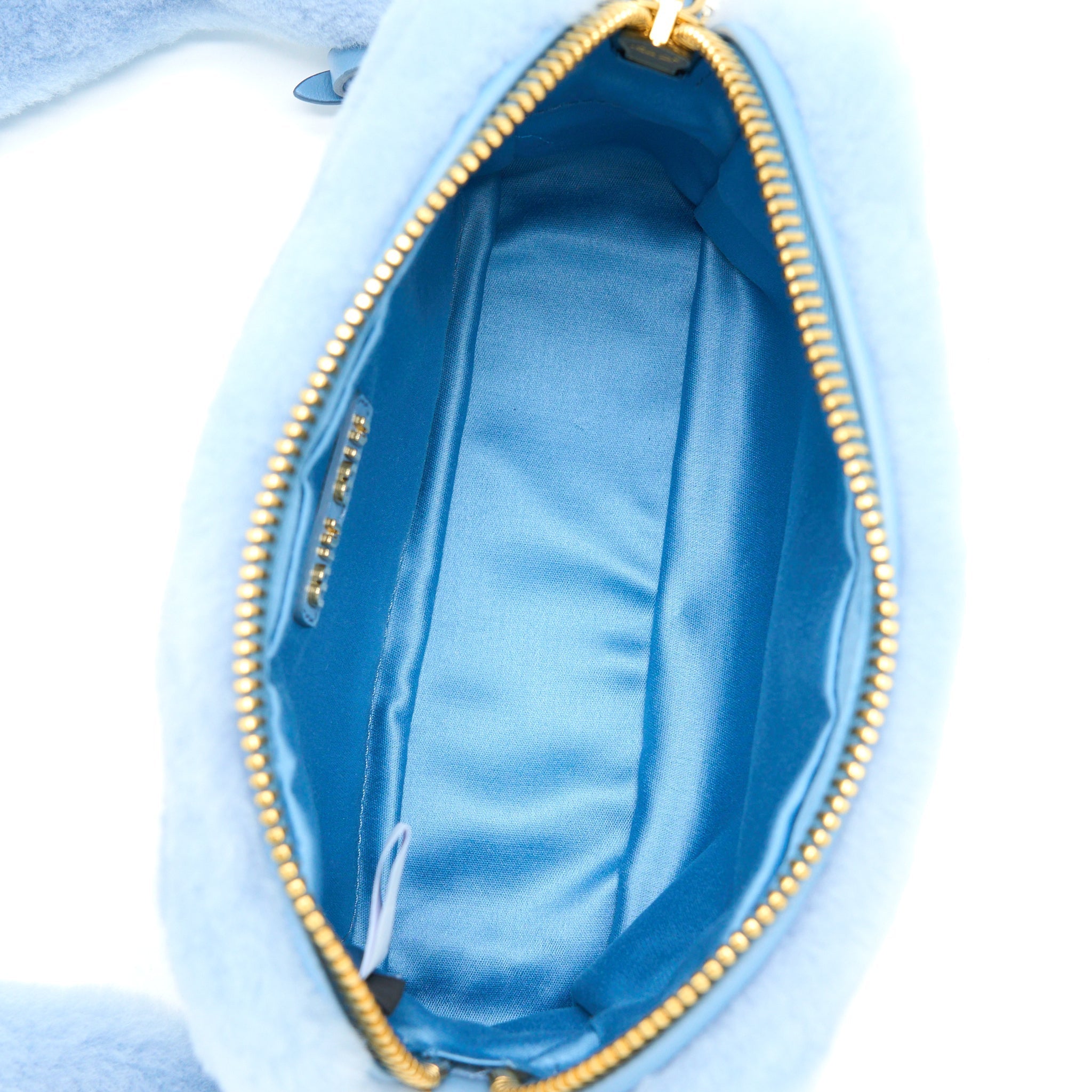 MIU MIU TOP HANDLE CROSSBODY CAMERA BAG SHEARLING LIGHT BLUE GHW