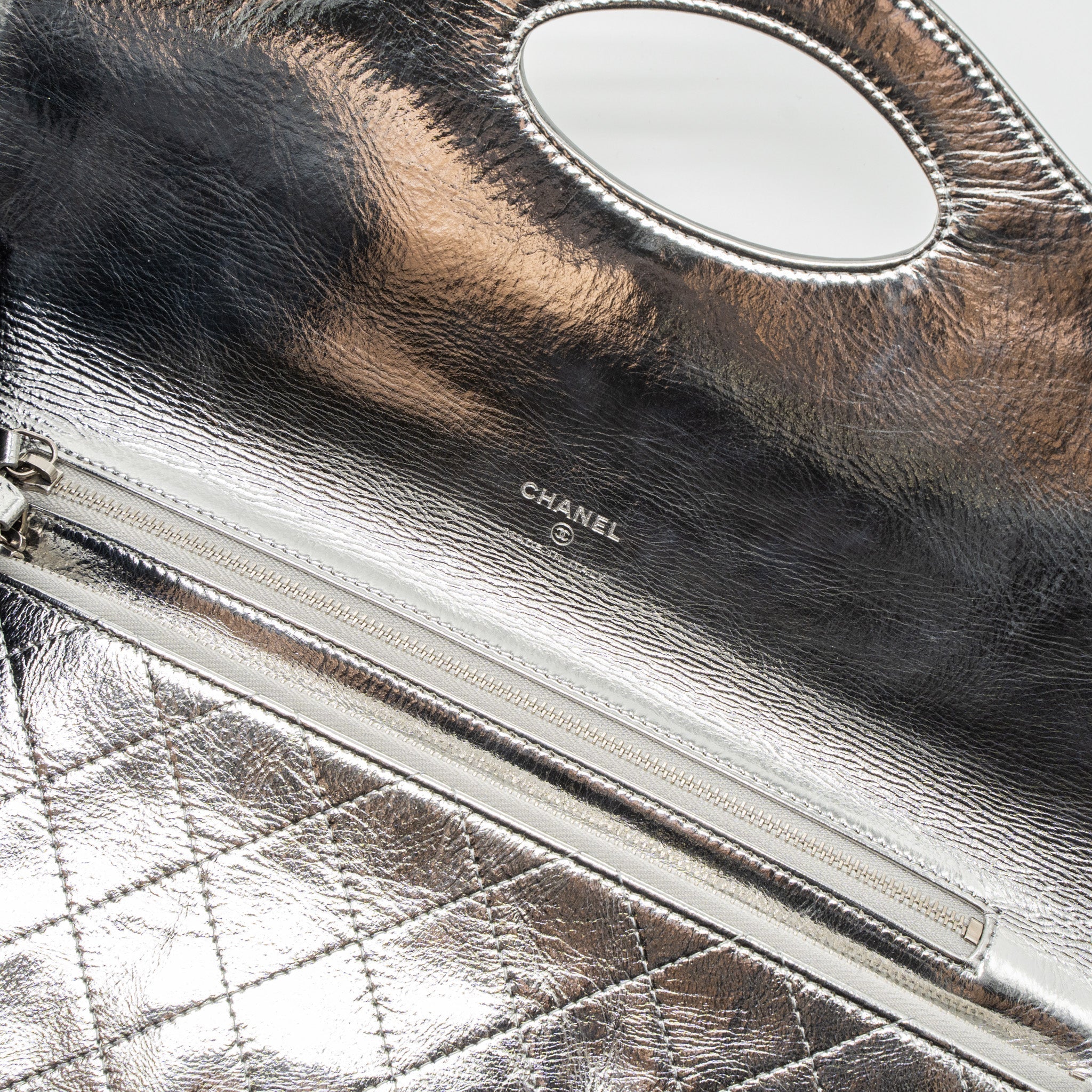 CHANEL 31 CLUTCH BAG GOATSKIN METALLIC SILVER SHW