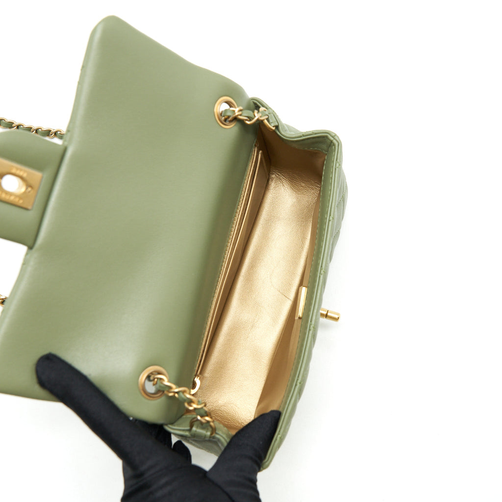 CHANEL PEARL CRUSH MINI RECTANGULAR FLAP BAG 21B LAMBSKIN GREEN GHW