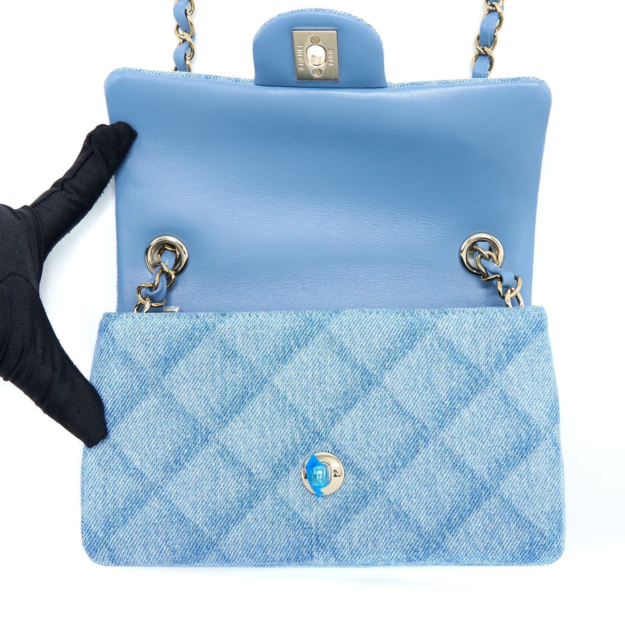 CHANEL 22B MINI RECTANGULAR DENIM LIGHT BLUE LGHW (MICROCHIP)