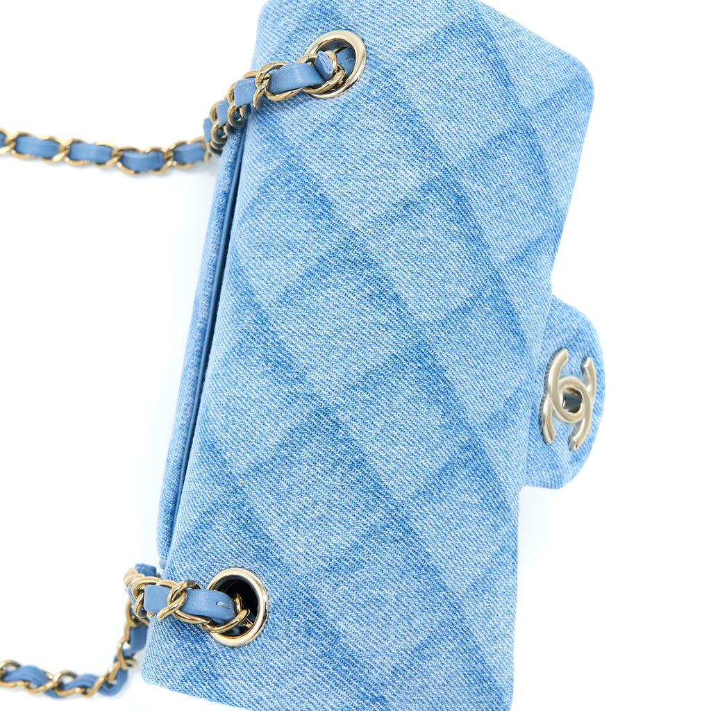 CHANEL 22B MINI RECTANGULAR DENIM LIGHT BLUE LGHW (MICROCHIP)