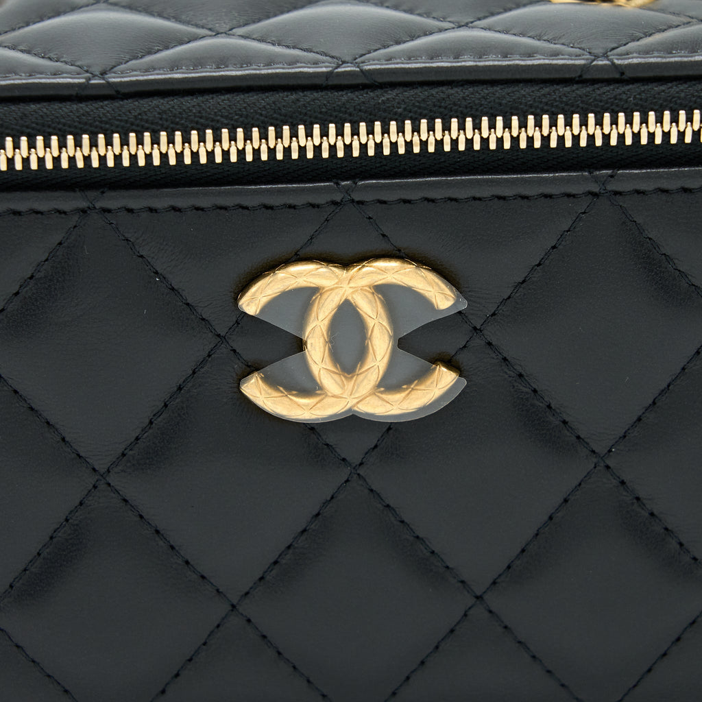 CHANEL 22K GOLD PILLAR ADJUSTABLE CHAIN LONG VANITY LAMBSKIN BLACK GHW