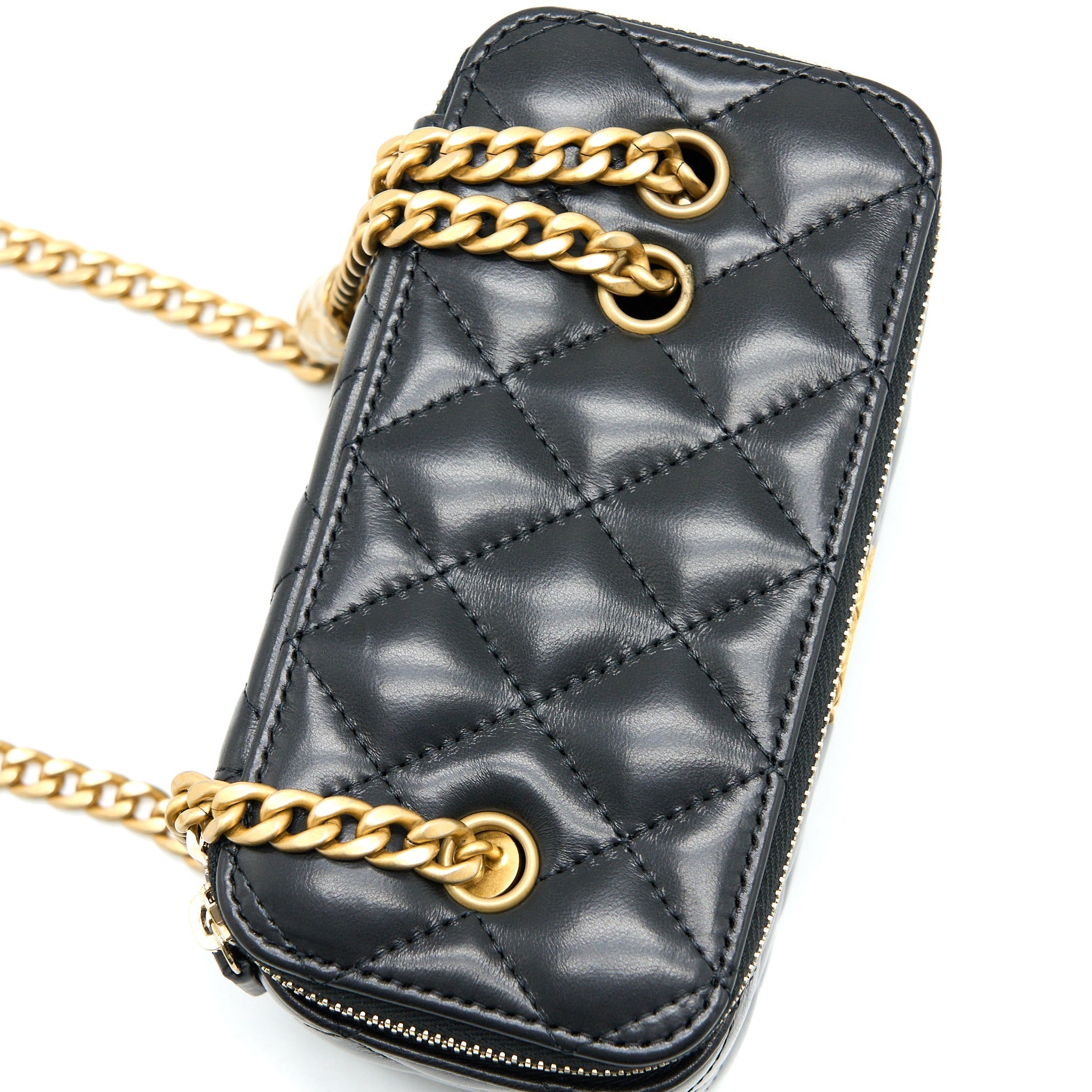 CHANEL 22K GOLD PILLAR ADJUSTABLE CHAIN LONG VANITY LAMBSKIN BLACK GHW