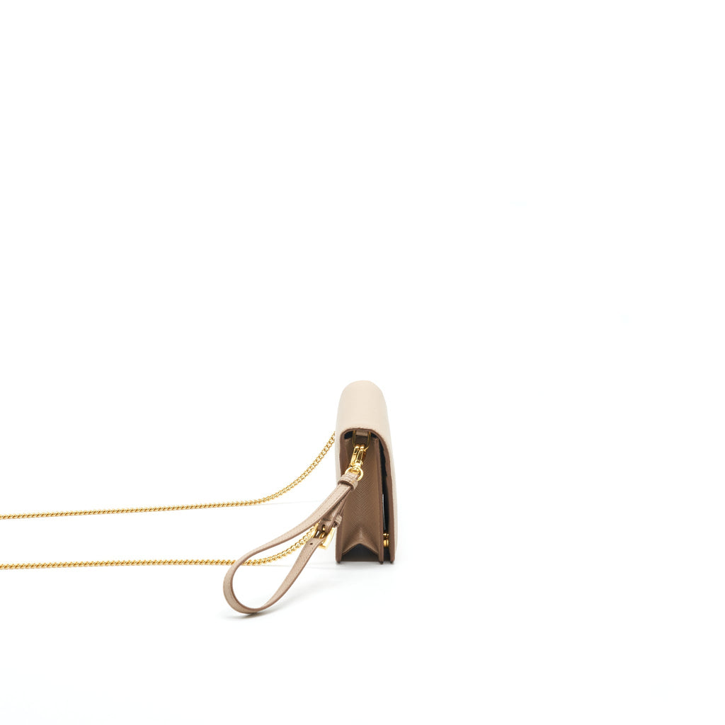 PRADA GIADA SAFFIANO LEATHER WALLET ON CHAIN BEIGE
