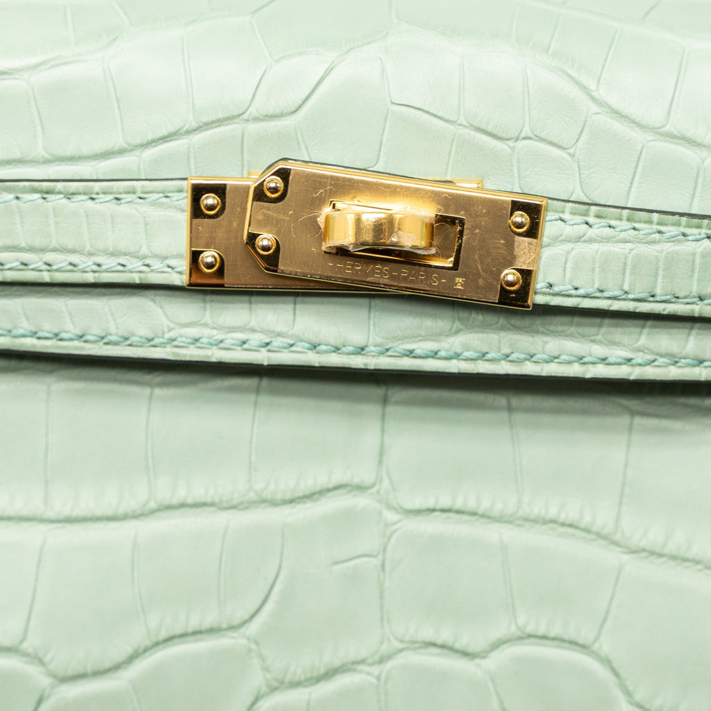 HERMES MINI KELLY ALLIGATOR MISSISSIPPIENSIS MATTE 6U VERT D’EAU GHW