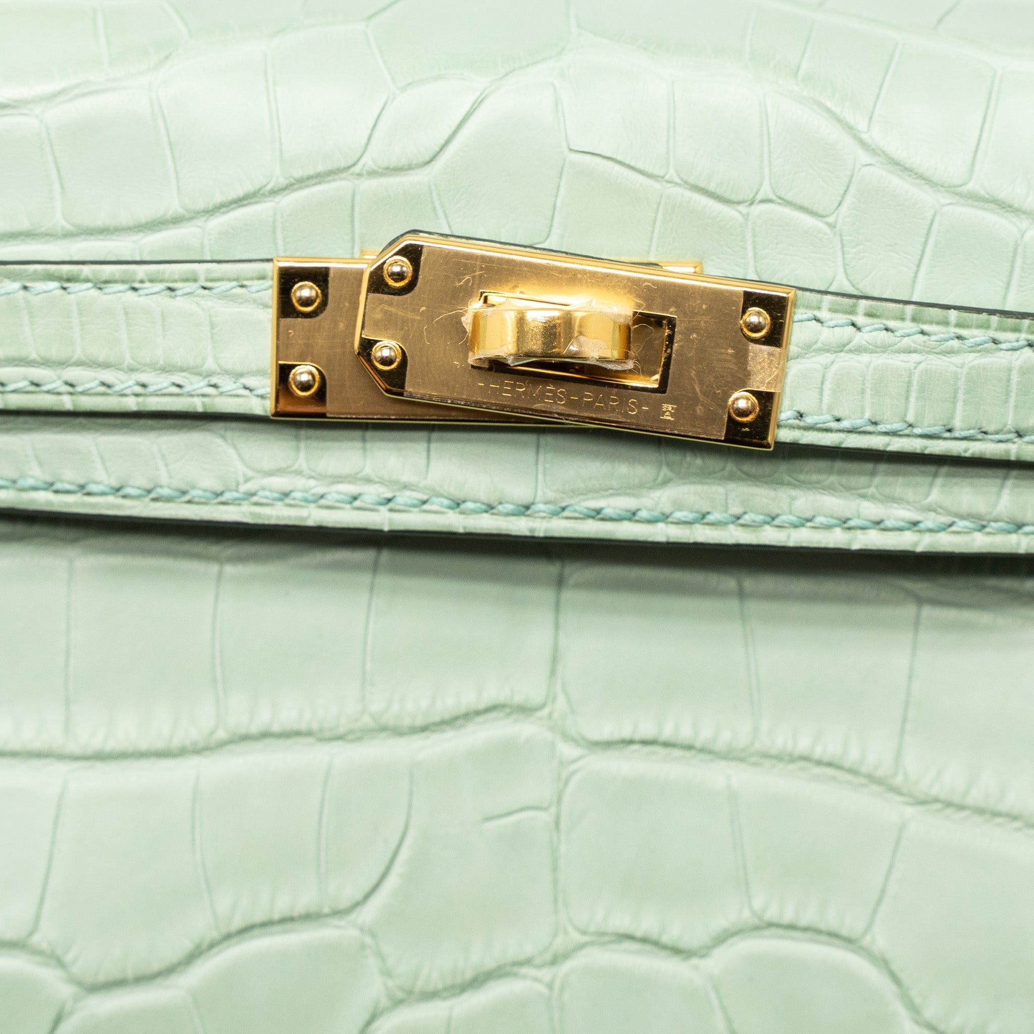 HERMES MINI KELLY ALLIGATOR MISSISSIPPIENSIS MATTE 6U VERT D’EAU GHW