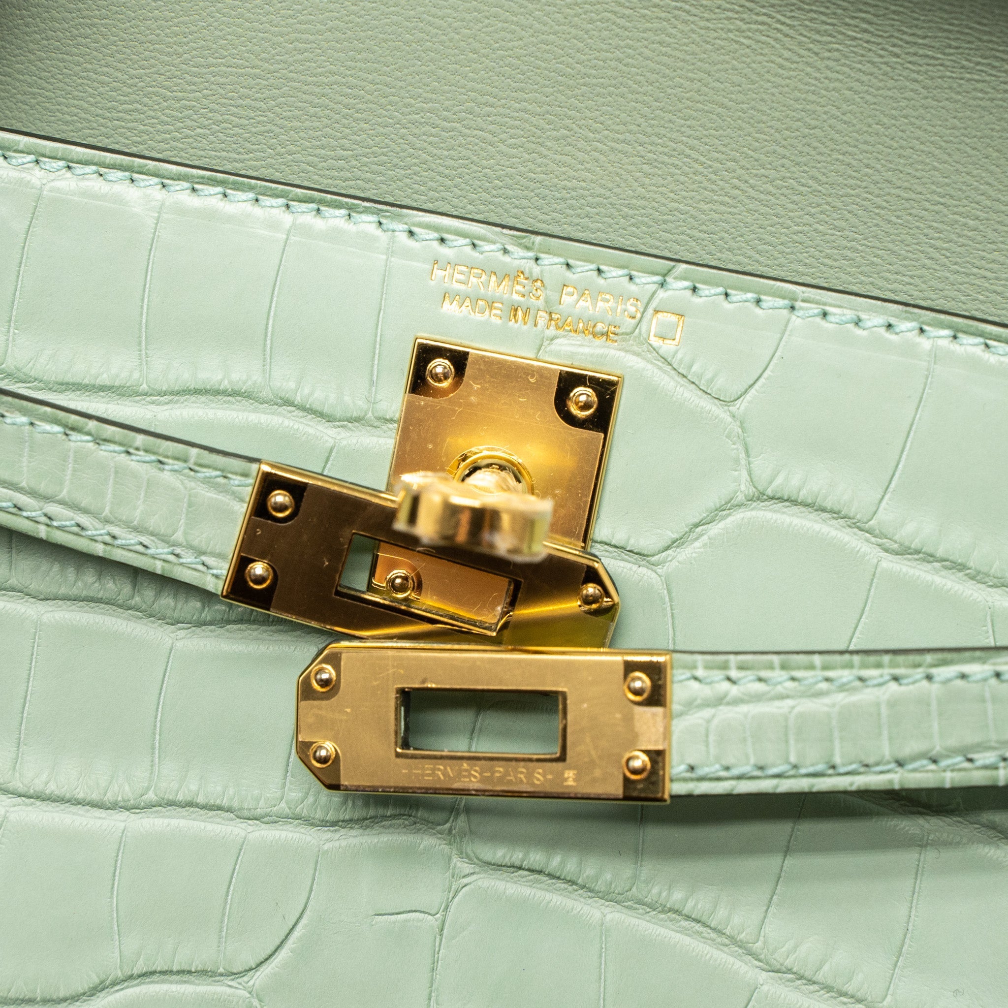 HERMES MINI KELLY ALLIGATOR MISSISSIPPIENSIS MATTE 6U VERT D’EAU GHW