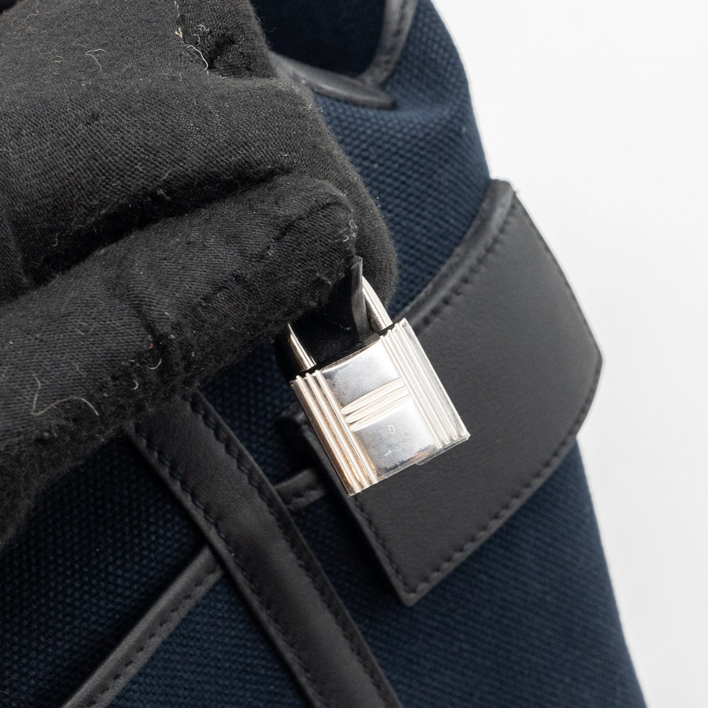 HERMES PICOTIN CARGO 18 LOCK BAG CANVAS/ SWIFT LEATHER BLUE MARINE / BLACK SHW