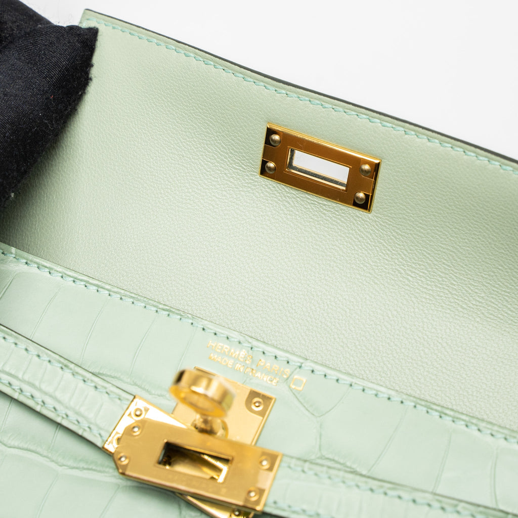 HERMES MINI KELLY ALLIGATOR MISSISSIPPIENSIS MATTE 6U VERT D’EAU GHW