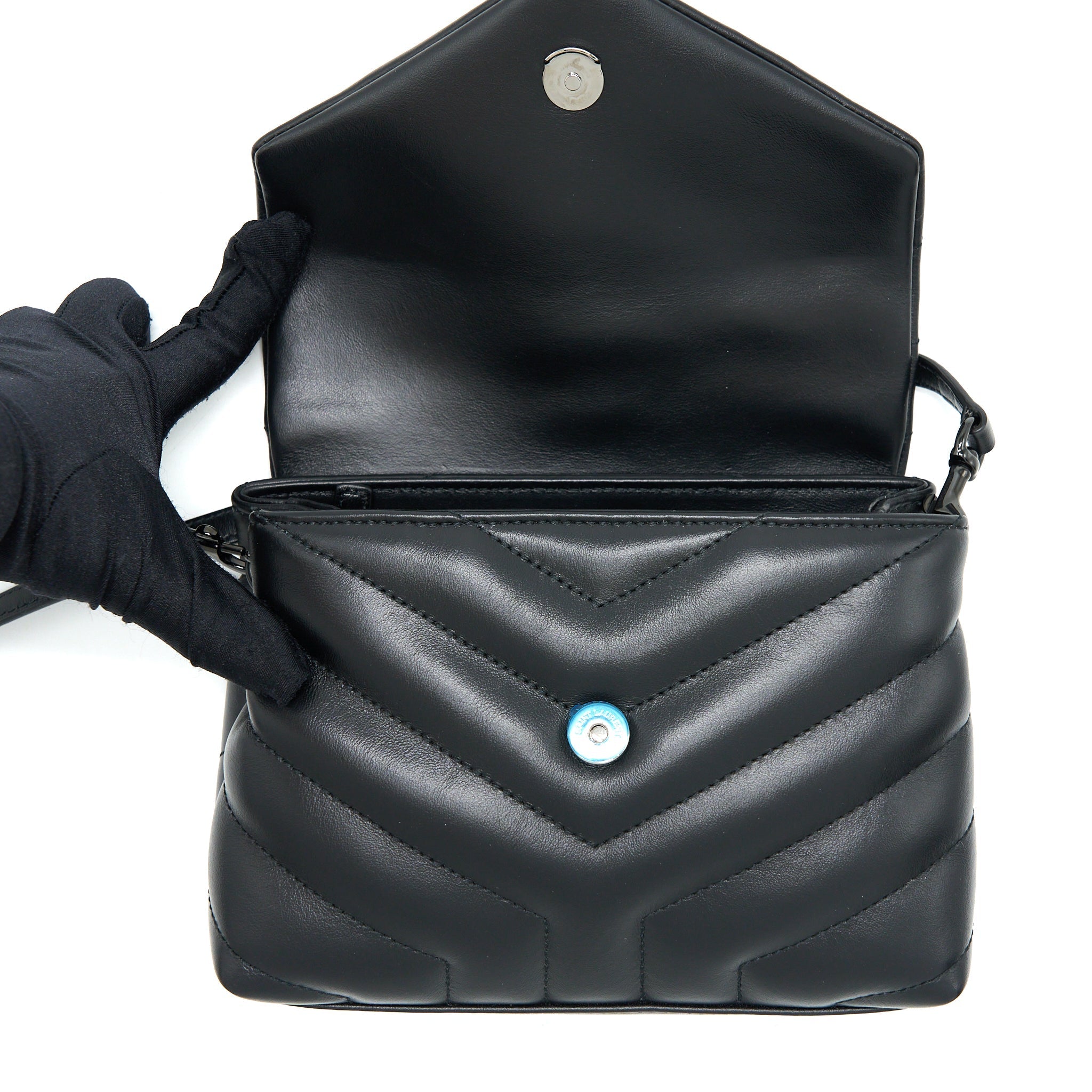 SAINT LAURENT LOULOU TOY STRAP BAG CALFSKIN BLACK WITH BLACK HARDWARE