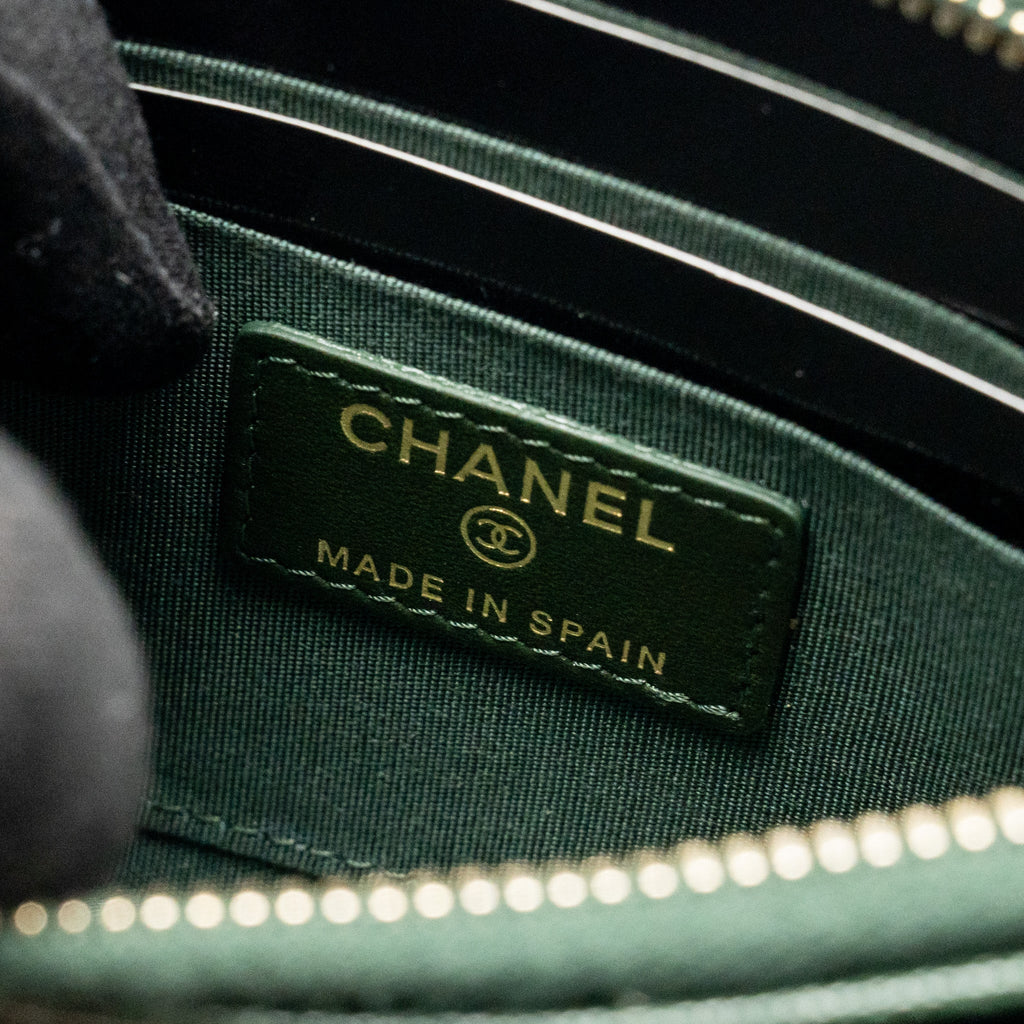 CHANEL CHEVRON BOY ZIP POUCH CAVIAR DARK GREEN GHW
