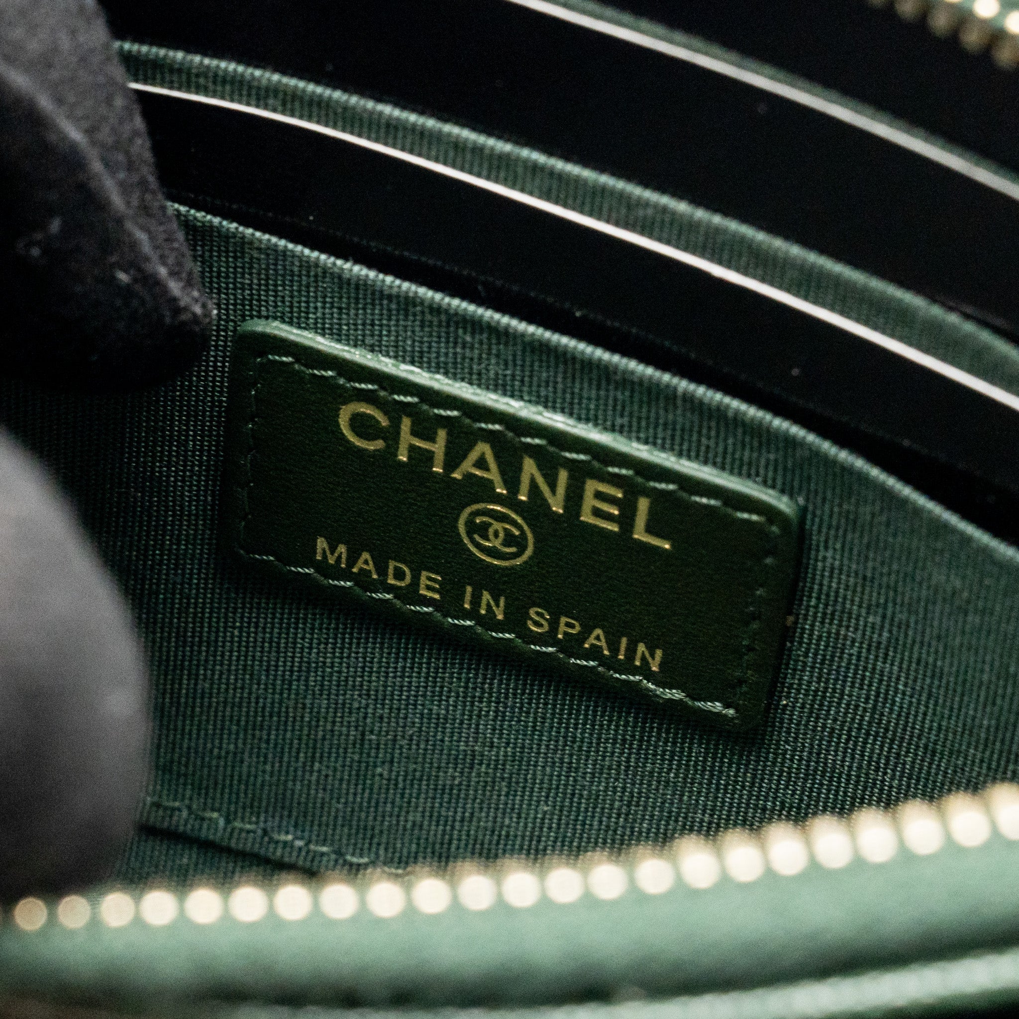 CHANEL CHEVRON BOY ZIP POUCH CAVIAR DARK GREEN GHW
