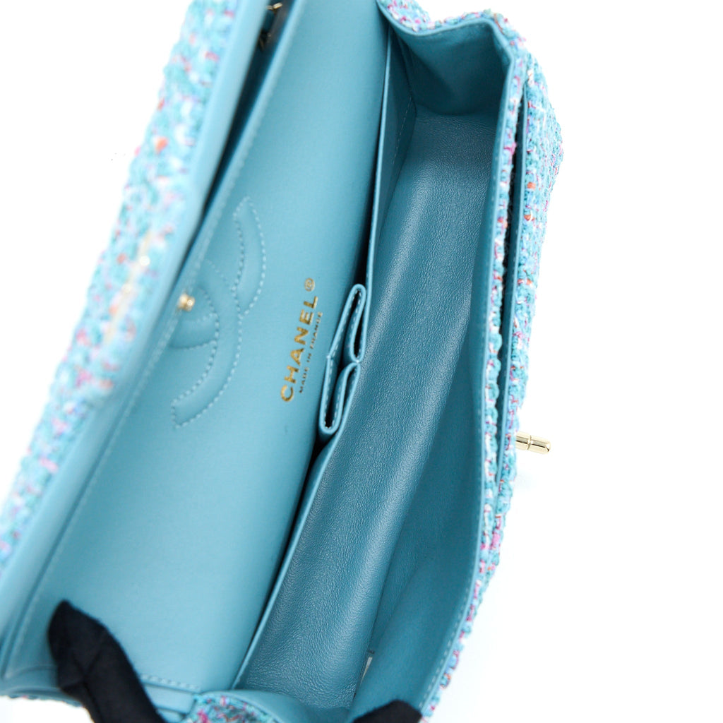 CHANEL TWEED MEDIUM CLASSIC DOUBLE FLAP BAG LIGHT BLUE LGHW