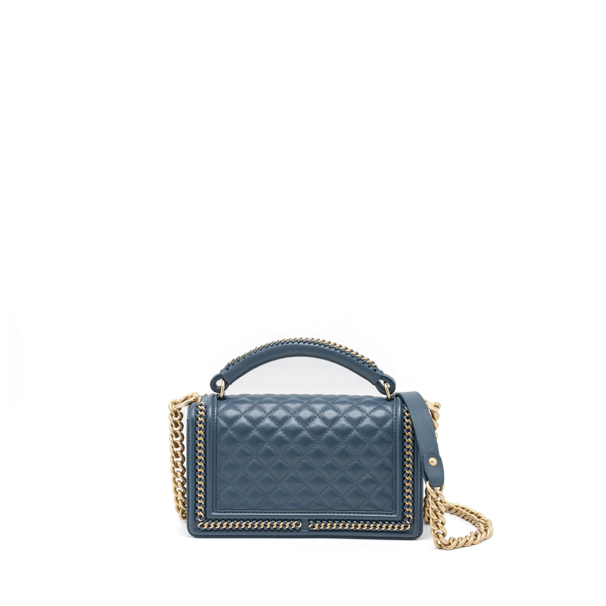 CHANEL TOP HANDLE BOY BAG LAMBSKIN DARK BLUE BRUSHED GHW