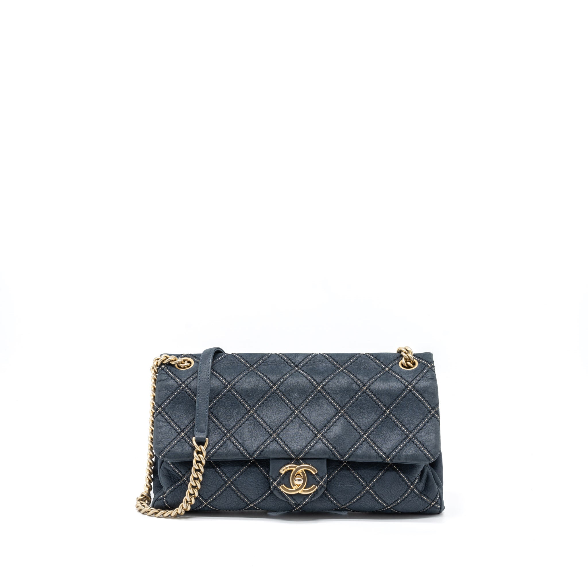 CHANEL QUILTED FLAP BAG CALFSKIN IRIDESCENT DARK BLUE BRUSHED GHW