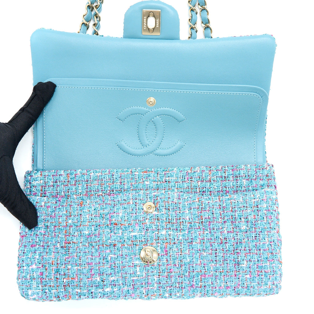 CHANEL TWEED MEDIUM CLASSIC DOUBLE FLAP BAG LIGHT BLUE LGHW