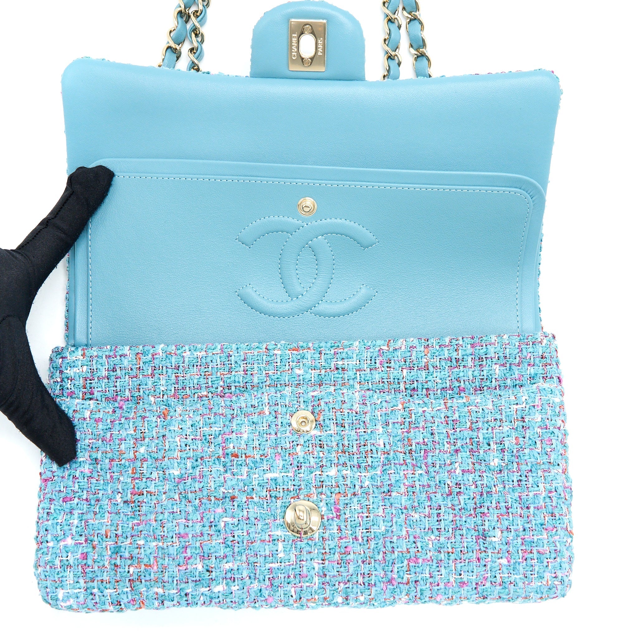 CHANEL TWEED MEDIUM CLASSIC DOUBLE FLAP BAG LIGHT BLUE LGHW