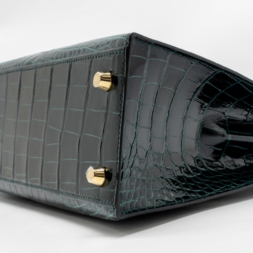 HERMES KELLY 25 SHINY ALLIGATOR MISSISSIPPIENSIS VERT CYPRES GHW