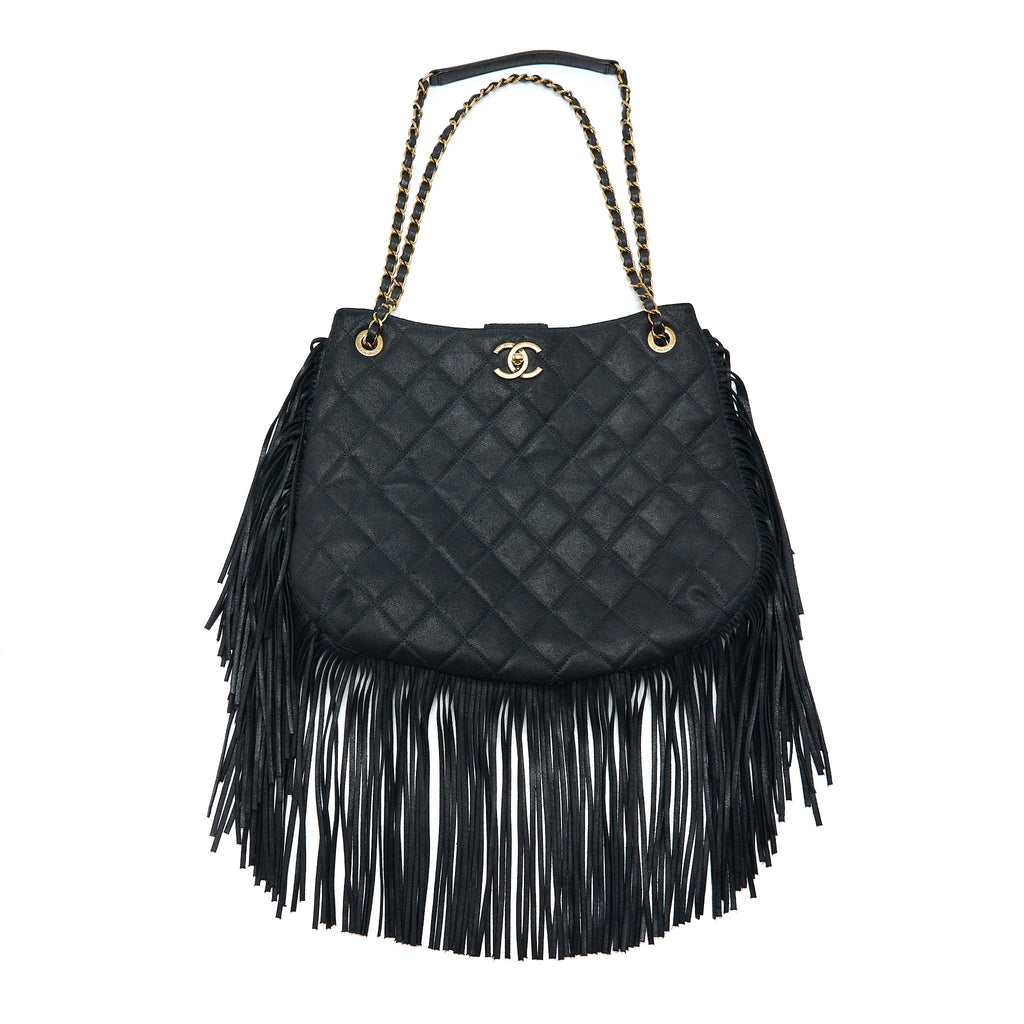 CHANEL TASSEL HOBO BAG FRINGED SHINY CALFSKIN BLACK BRUSHED GHW