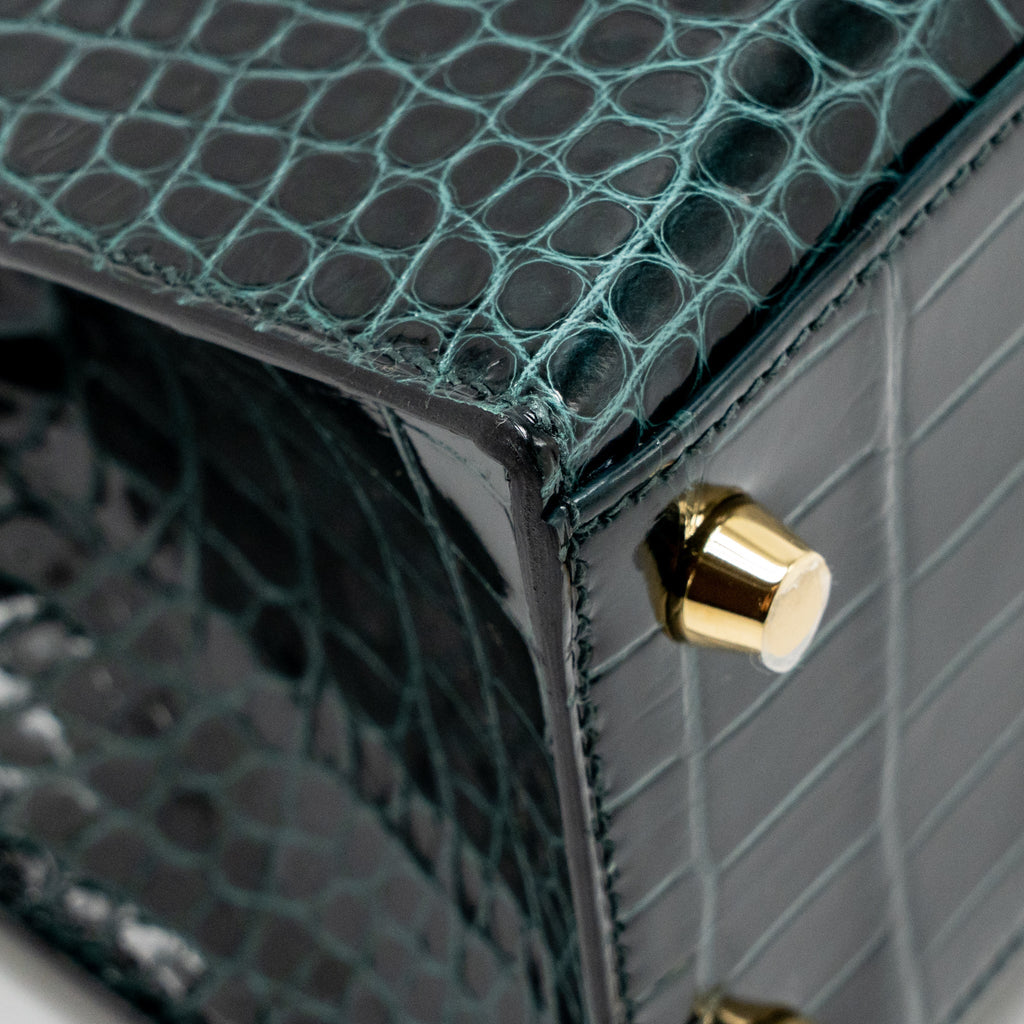 HERMES KELLY 25 SHINY ALLIGATOR MISSISSIPPIENSIS VERT CYPRES GHW