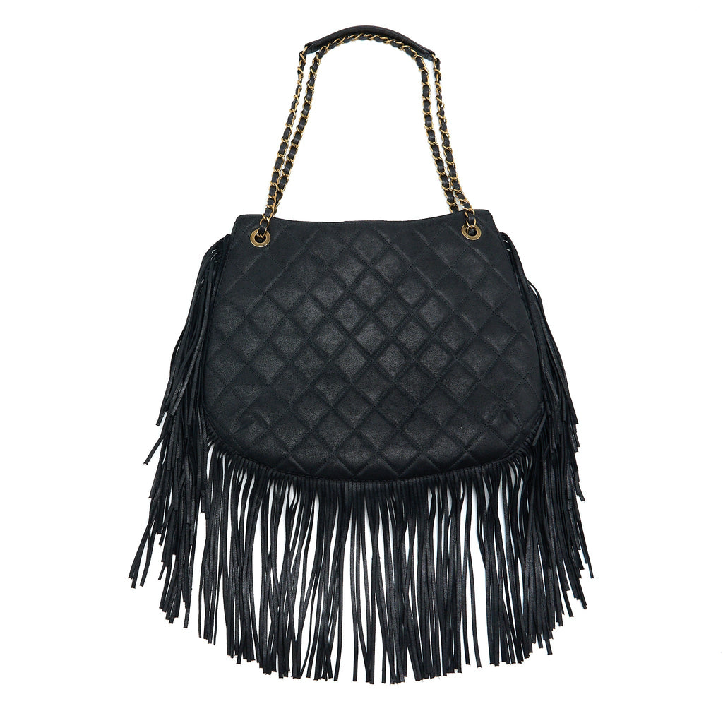 CHANEL TASSEL HOBO BAG FRINGED SHINY CALFSKIN BLACK BRUSHED GHW