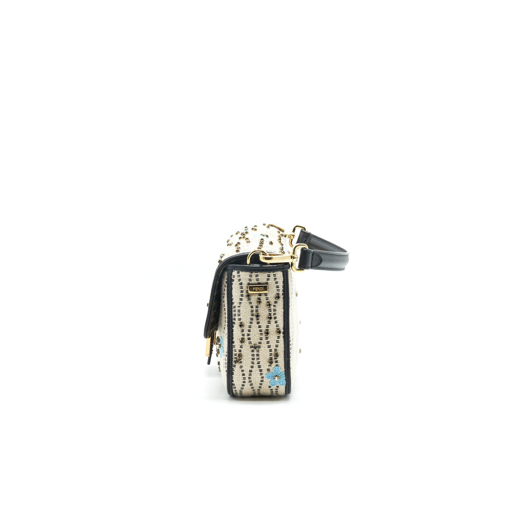 FENDI BAGUETTE ICONIC MEDIUM WHITE RAFFIA BAG MULTICOLOR