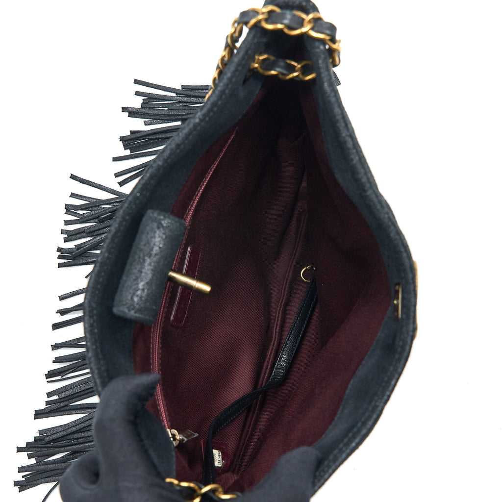 CHANEL TASSEL HOBO BAG FRINGED SHINY CALFSKIN BLACK BRUSHED GHW