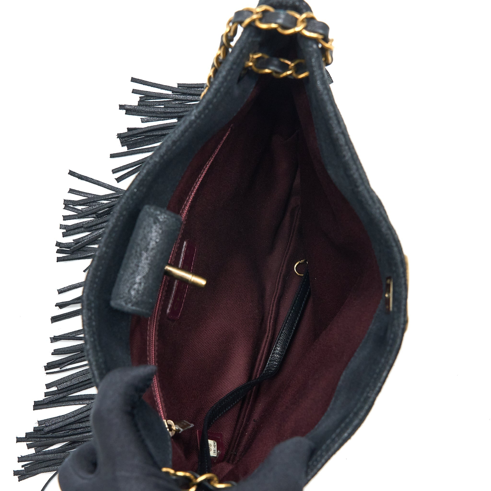 CHANEL TASSEL HOBO BAG FRINGED SHINY CALFSKIN BLACK BRUSHED GHW