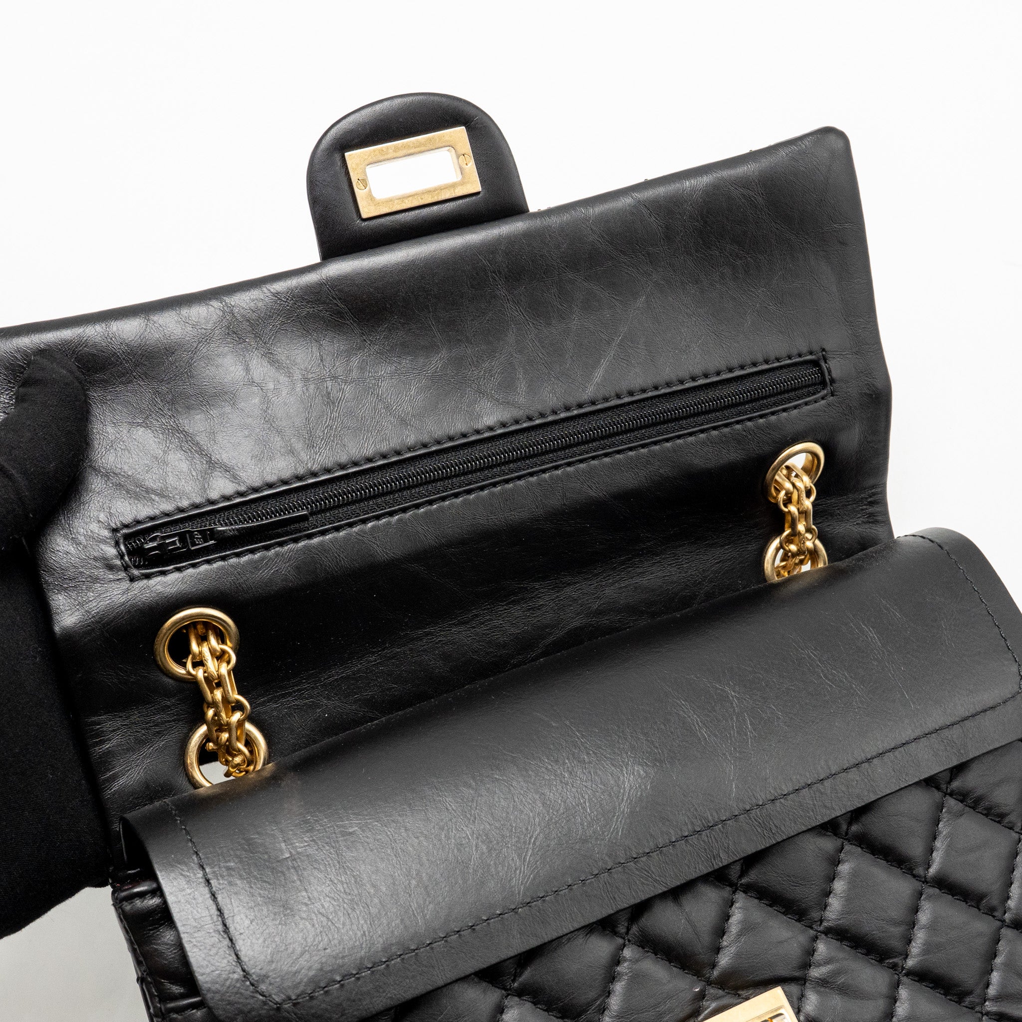 CHANEL SMALL 2.55 REISSUE FLAP BAG AGED CALFSKIN BLACK GHW