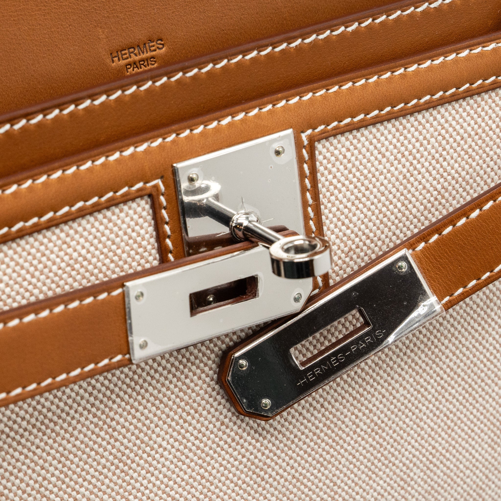HERMES POCHETTE KELLY DEPECHES 25 CANVAS / BARENIA ECRU BEIGE / FAUVE SHW
