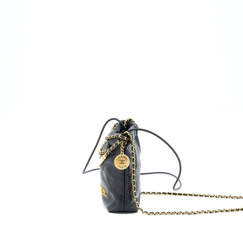 CHANEL 23S MINI 22 BAG WITH PEARL SHINY CALFSKIN BLACK GHW (MICROCHIP)