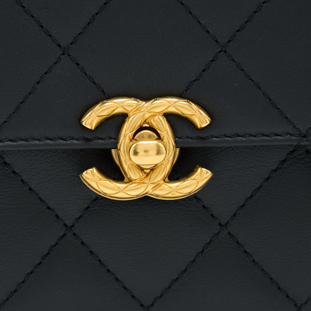 CHANEL HANDLE FLAP BAG CALFSKIN BLACK BRUSHED GHW (MICROCHIP)