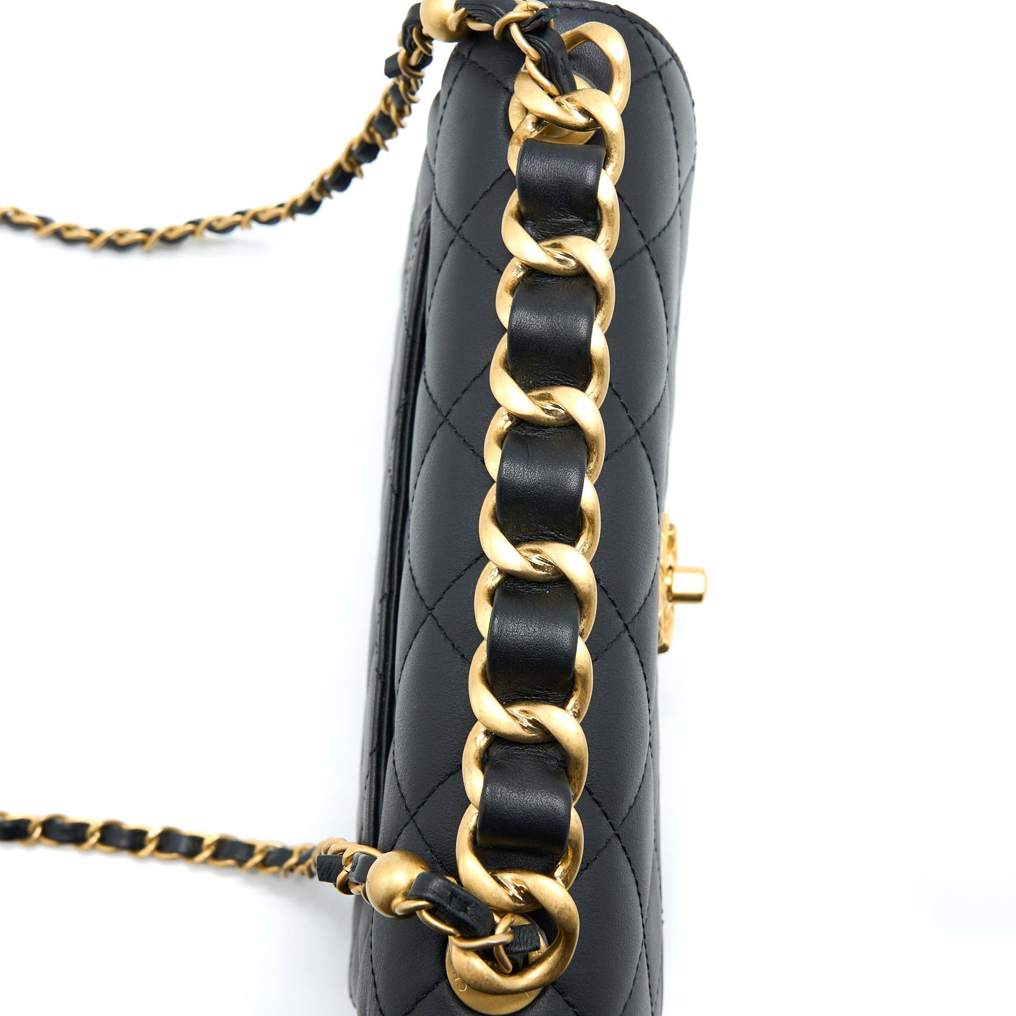 CHANEL HANDLE FLAP BAG CALFSKIN BLACK BRUSHED GHW (MICROCHIP)