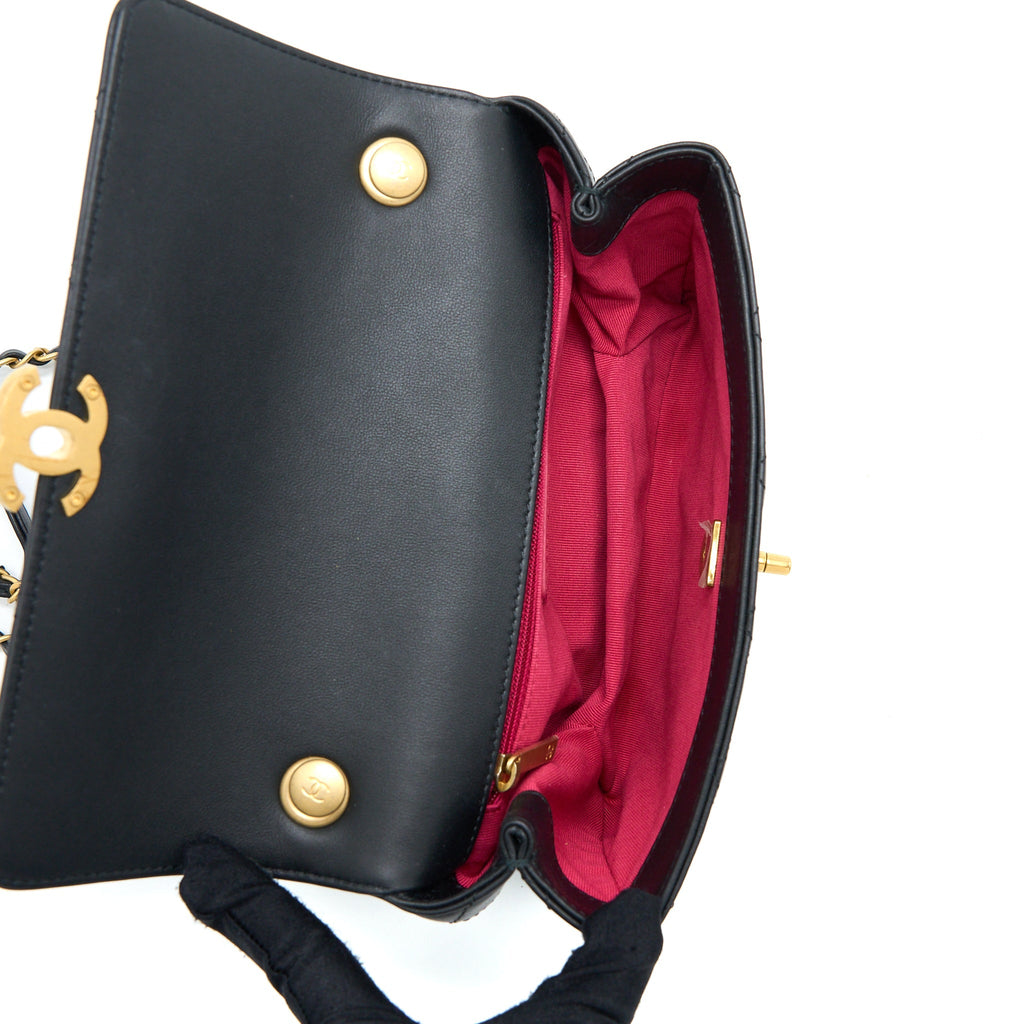 CHANEL HANDLE FLAP BAG CALFSKIN BLACK BRUSHED GHW (MICROCHIP)