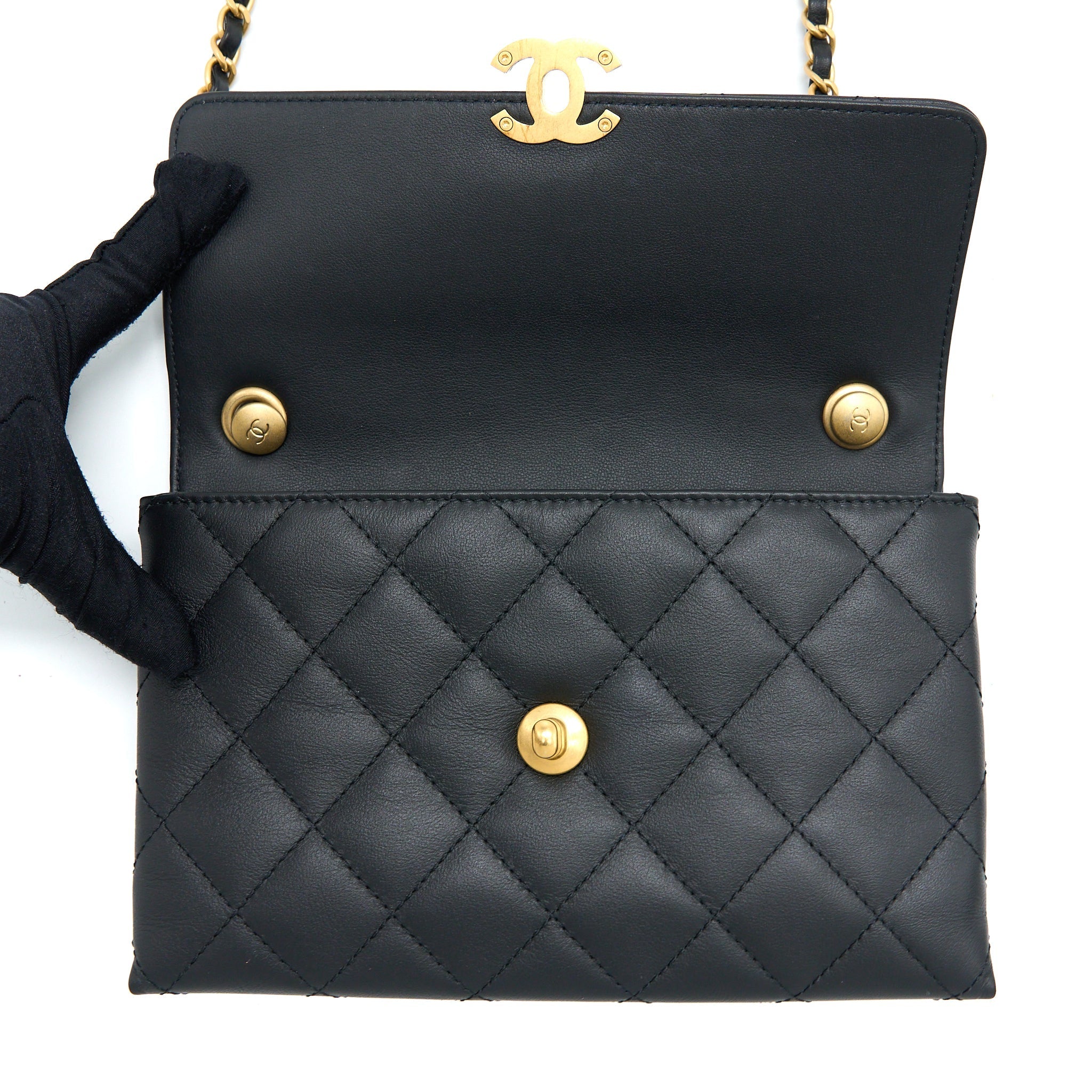 CHANEL HANDLE FLAP BAG CALFSKIN BLACK BRUSHED GHW (MICROCHIP)