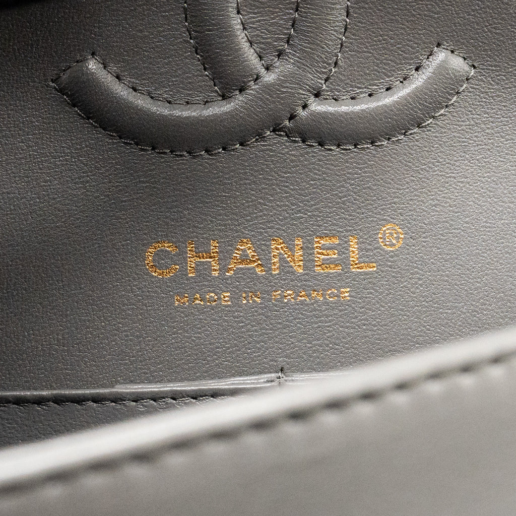CHANEL SMALL CLASSIC DOUBLE FLAP BAG LAMBSKIN GREY LGHW (MICROCHIP)