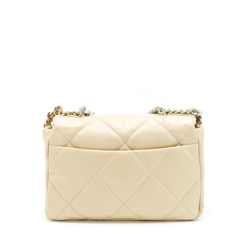 CHANEL MEDIUM 19 BAG QUILTED GOATSKIN LEATHER LIGHT BEIGE GOLD/SILVER HARDWARE (MICROCHIP)
