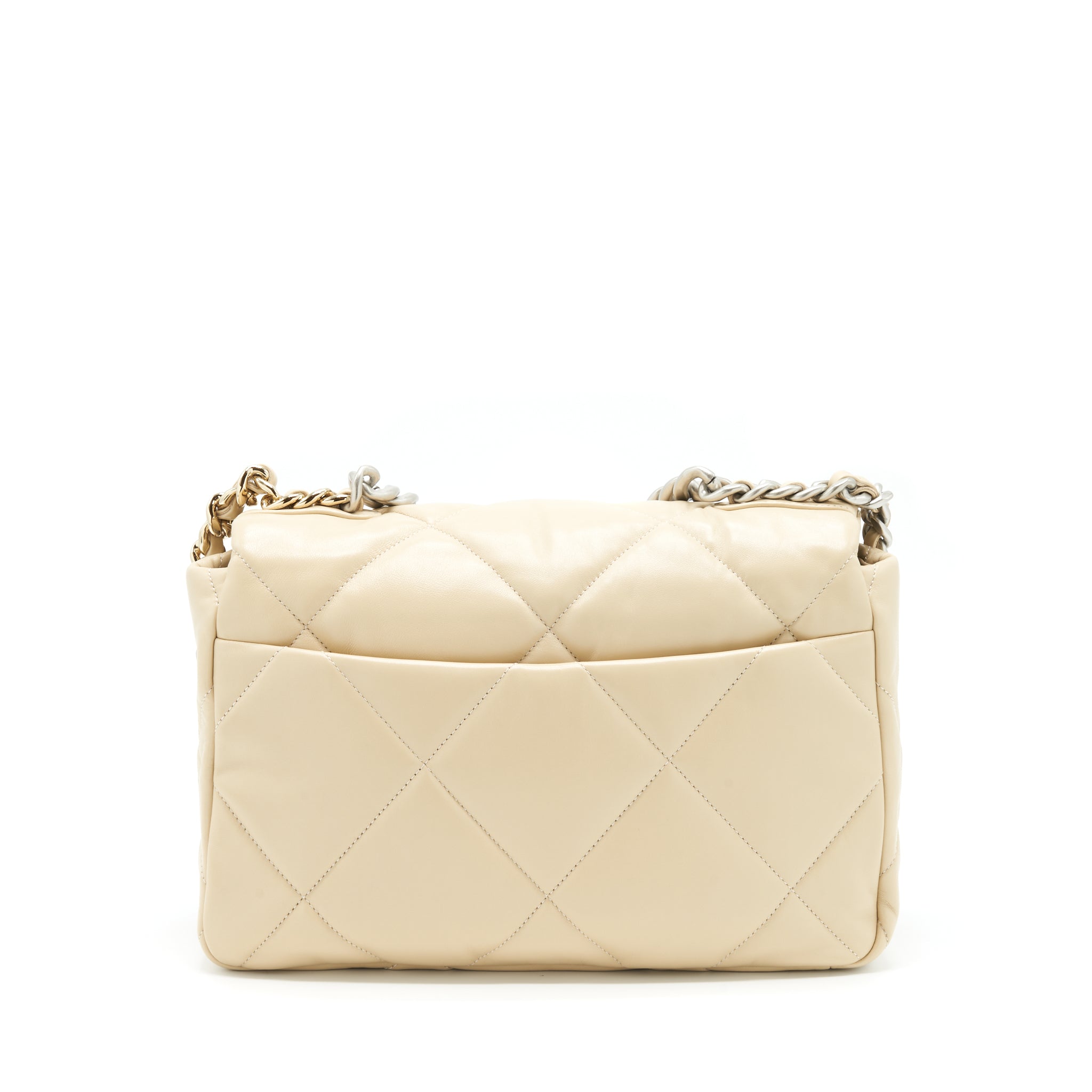 CHANEL MEDIUM 19 BAG QUILTED GOATSKIN LEATHER LIGHT BEIGE GOLD/SILVER HARDWARE (MICROCHIP)