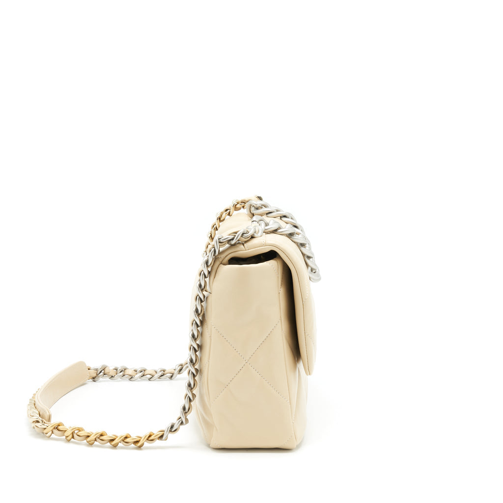 CHANEL MEDIUM 19 BAG QUILTED GOATSKIN LEATHER LIGHT BEIGE GOLD/SILVER HARDWARE (MICROCHIP)