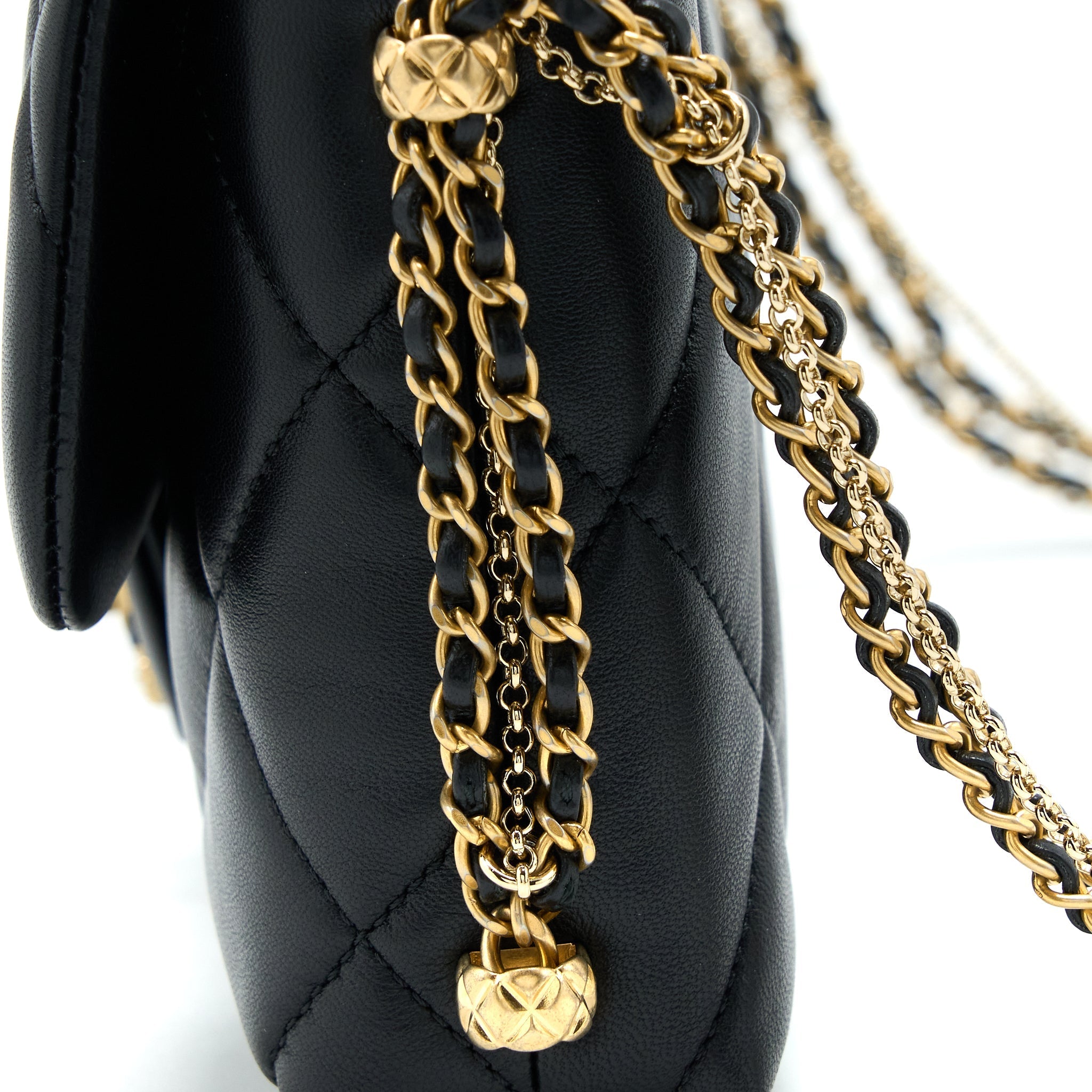 CHANEL QUILTED DETAILED LOGO FLAP BAG LAMBSKIN BLACK GHW (MICROCHIP)